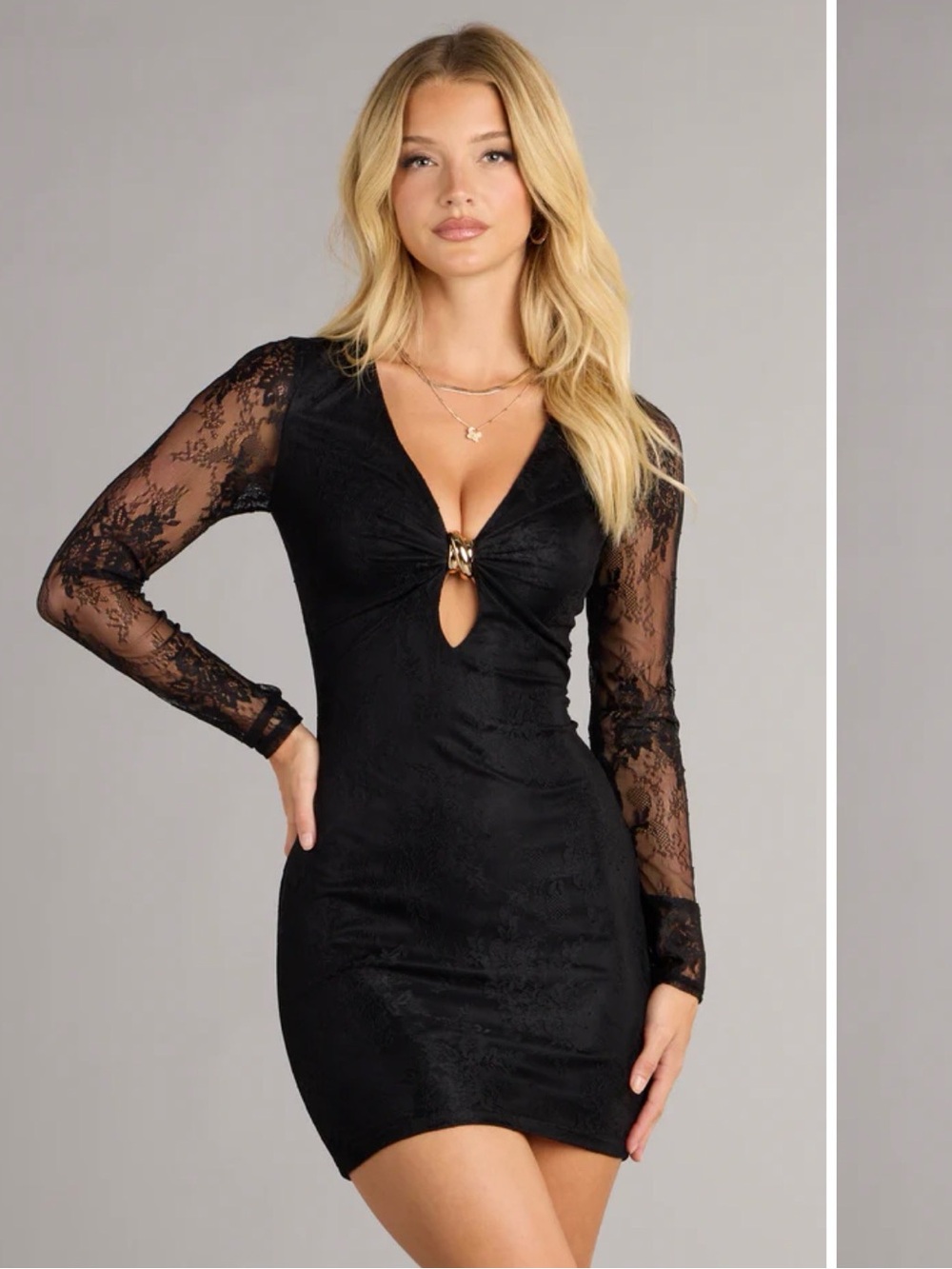 Windsor Black Lace Long-Sleeve Mini Dress with Keyhole Detail